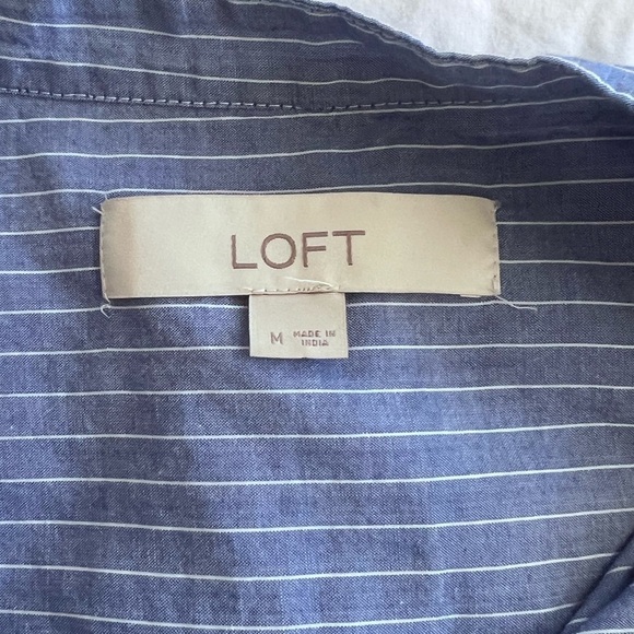 LOFT EMBROIDERED TAB COLLAR BUTTONDOWN TOP BLUE WHITE STRIPED BOHO RUFFLE SLEEVE - Picture 4 of 11